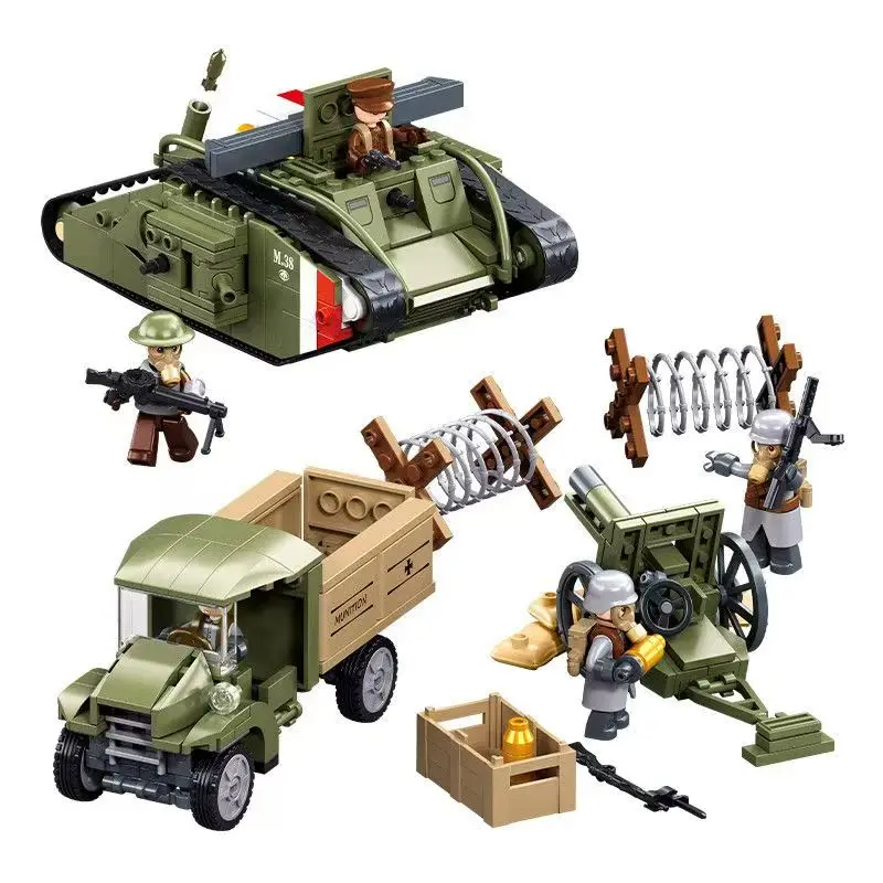 

Military WW1 Classic Model Mark VS Heavy Tank Building Blocks Kit Military vehicles and agricultural artillery Bricks Toys
