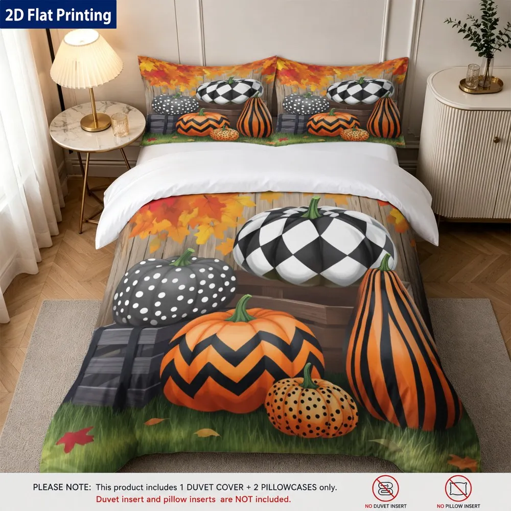 The Latest Printed Quilt Cover Set, 1 Quilt Cover + 2 Pillowcases (Without Filling) 2D Flat Orange Leaf Background Pumpkin Quilt Cover Set, Printed Cozy Autumn-Themed Bedding, Orange Maple Leaf Pumpkin Patch Pattern Bedroom Decoration (Suitable for All Seasons, Machine Washable, Invisible Zipper, Large Quilt Cover Set, Bedding Set Quilt Cover
