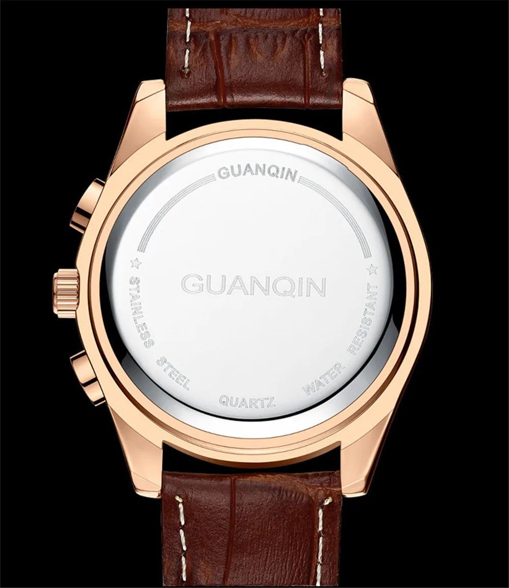 GUANQIN Quartz Moon Phase Business Watch for Men Steel Case Waterproof Sapphire Mens Watches Leather Strap Luminous Chronograph