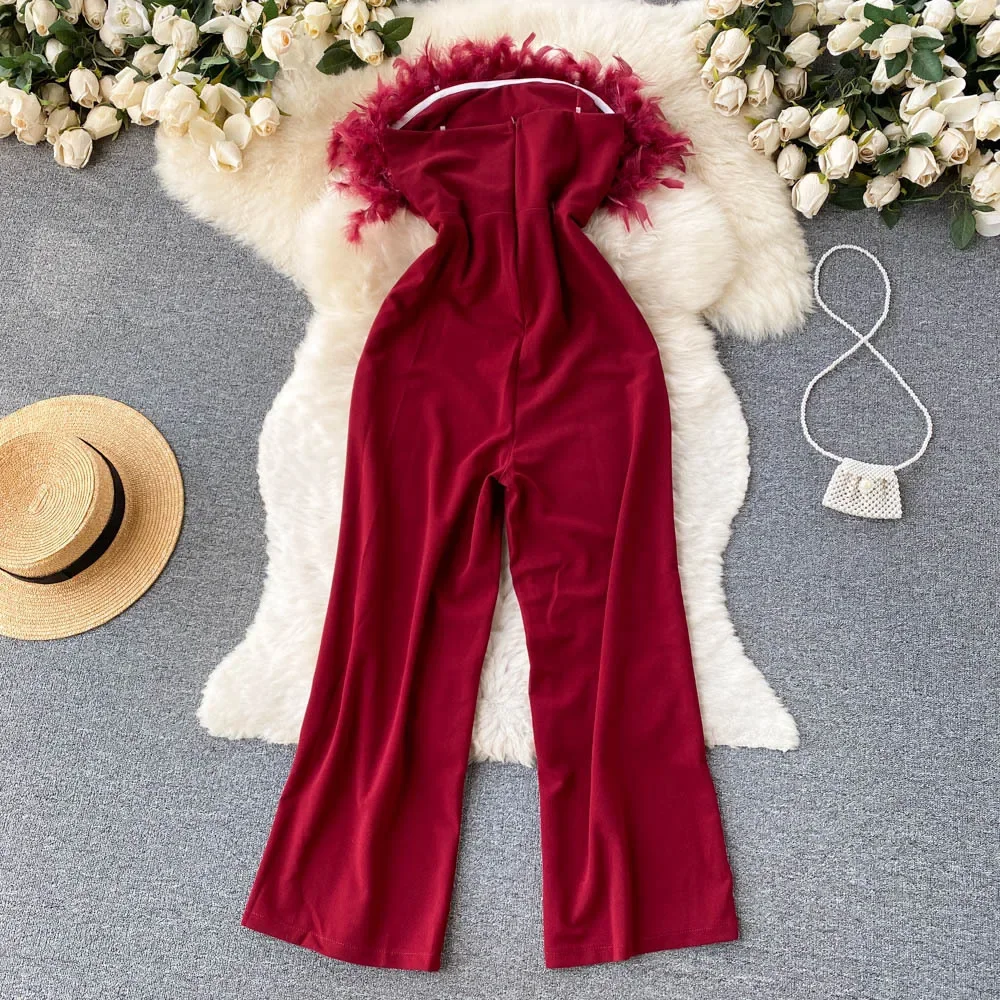 High-end Designer Clothing Feather Brassiere Jumpsuit Women Summer New Loose Wide Leg Straight Trousers Plus Size