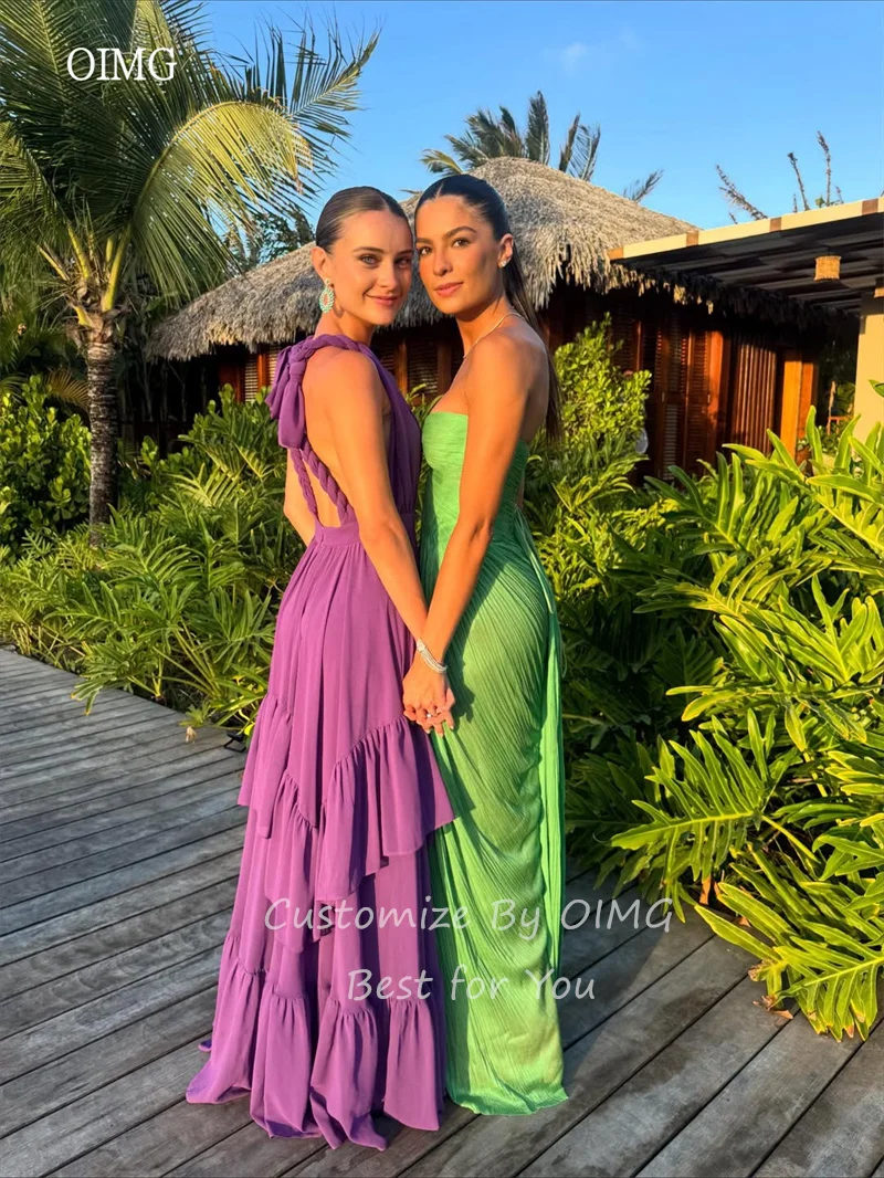 OIMG Purple V Neck A Line Prom Gowns Chiffon Backless Ruffled Party Gown Floor Length Party-perfect Evening Dress Customized