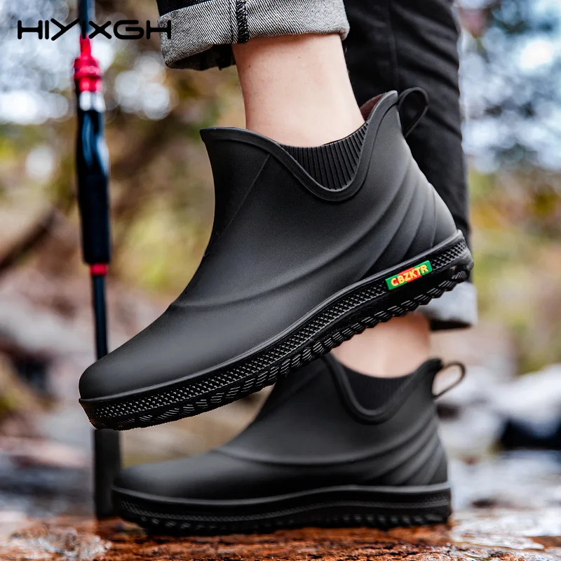 Korean Style Men's Lightweight PVC Rain Boots Waterproof Non-slip Comfortable Outdoor Fishing Car Washing Riders Shoes