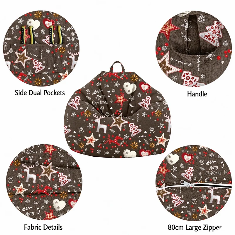 Christmas Bean Bag Chair Cover, Large Detachable Inner Liner Lazy Sofa Cover, Soft Comfortable Replacement Slipcover for Bedroom