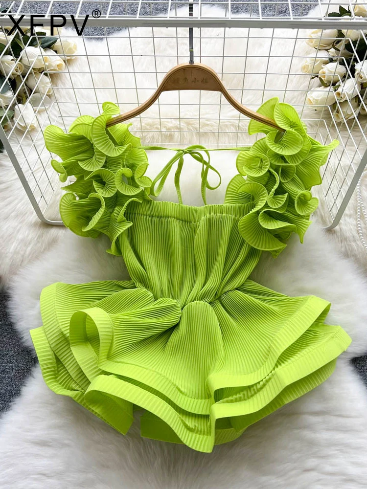 

Women Ruffle Solid Color High Waist Short Chic Shirt Top Y2k Temperament Slim Clothing Sweet Korea Chic Summer