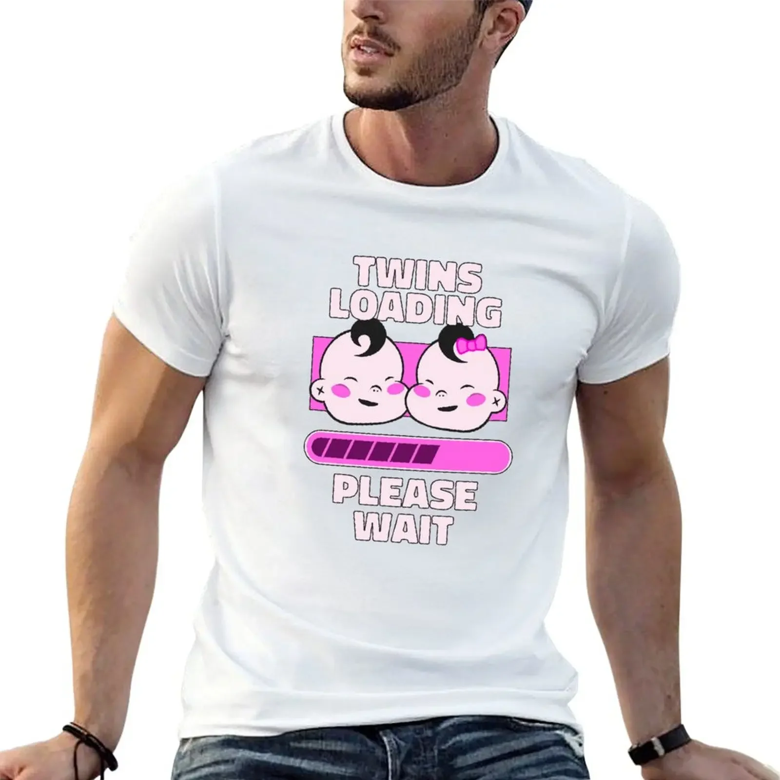 Pregnancy Twins Loading Please Wait Pink T-Shirt Funny t-shirt Man t-shirt mens shirts graphic tee