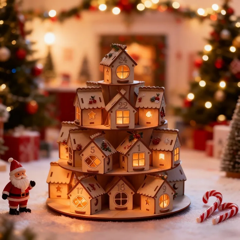 24pcs Wooden Christmas Countdown Calendar Ornaments 3D Vintage Layered House Decoration Stand Christmas Decorative Kids Gifts
