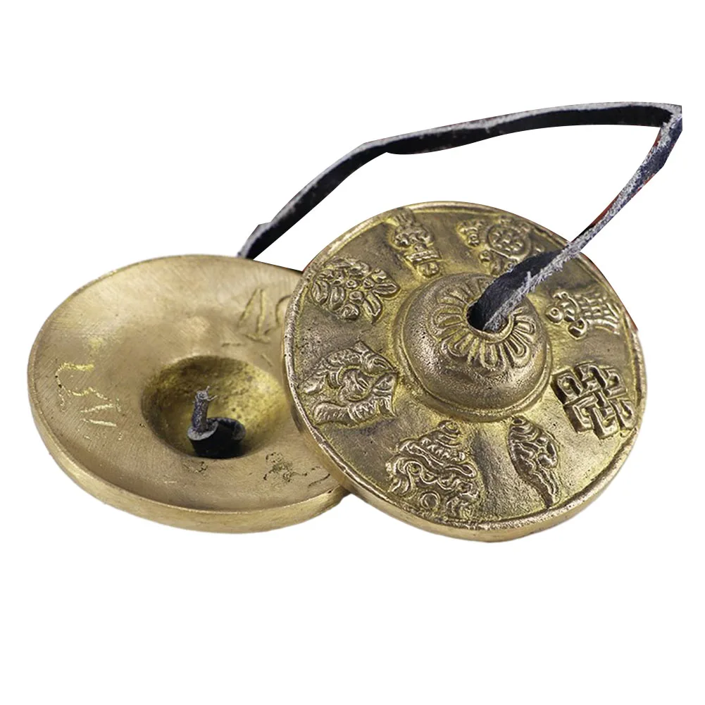 1 Pair Yoga Cymbal Bells for Meditation and Rituals Copper Instrument with Engraved Auspicious Symbols Handmade in Nepal