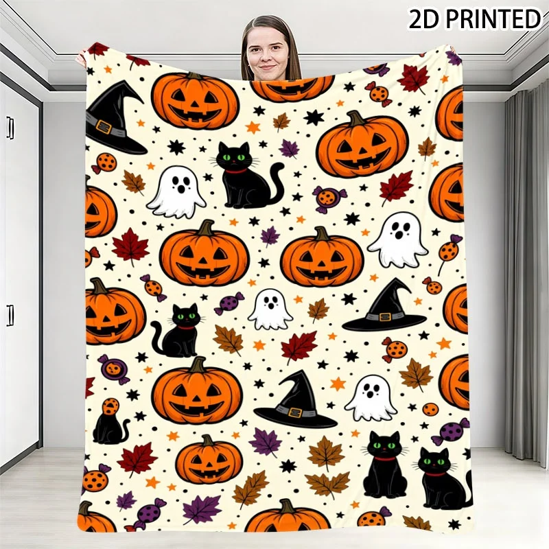 Playful Halloween Themed Throw Blanket, Whimsical Jack-o'-Lantern, Black Cat, & Autumn Leaf Pattern on Light Cream Background, M