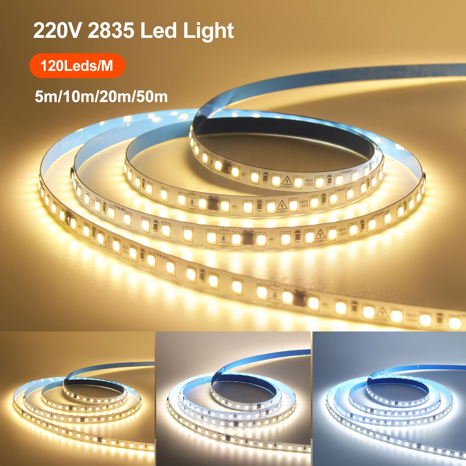 

10/20/50M LED Strip No Need Driver AC220V Adhesive High Brightness Flexible Ribbon Tape Light IP44 2835 120Leds/M Soft Light Bar