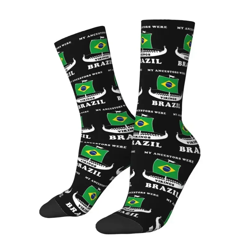 Kawaii Men's My Ancestors Were Vikings Brazil Dress Socks Hip Hop Warm Breathable 3D Print Brazilian Proud Crazy Crew Socks