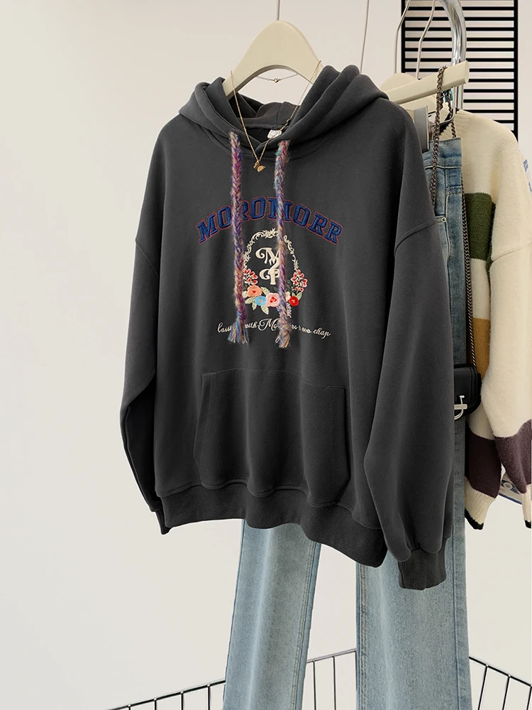 American Style Street Letter Embroidered Hooded Sweatshirt Loose Fit Fashion Versatile Jacket Casual Hooded Tops