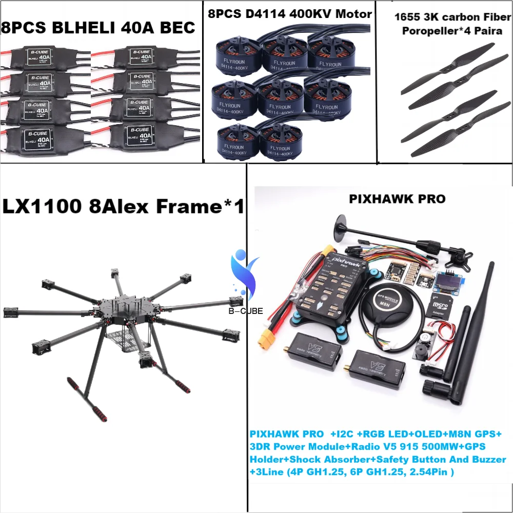 LX1100 tout en Fiber de carbone 1100mm octacopter Pixhawk PRO M8N M9N M10 contrôleur de vol BLHELI 40A ESC PX4 D4114 400kv moteur