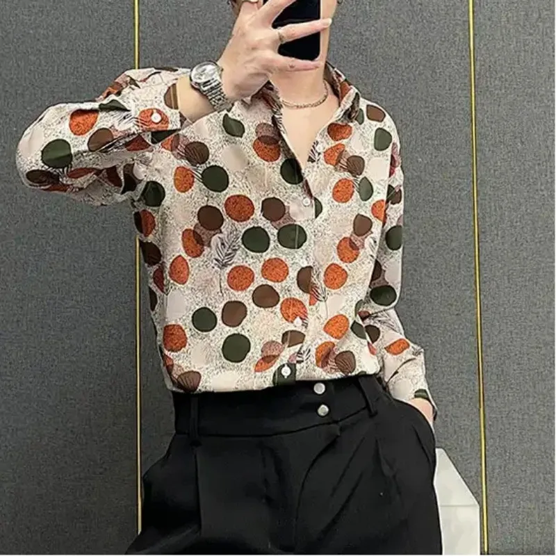 Men Spring Summer Colorful Polka Dot Classic Long Sleeve Shirt Fashion Thin Trendy Handsome Printed Casual Blouse
