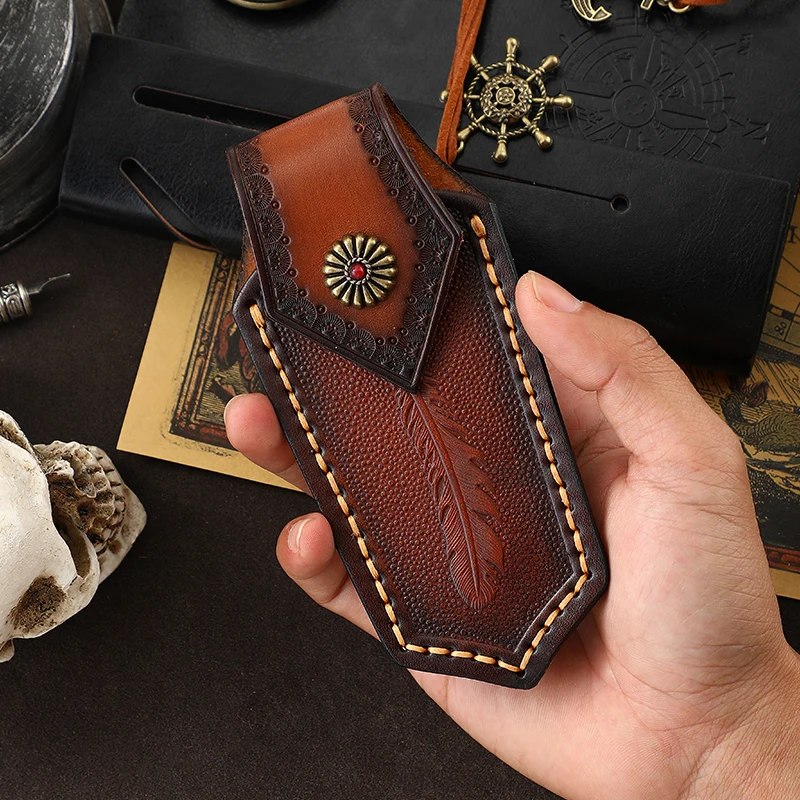 Brown Fold Knife Scabbard Tool Flashlight Belt Loop Case Holder Leather Sheath Pocket Hunt Camp Outdoor Carry Equipment