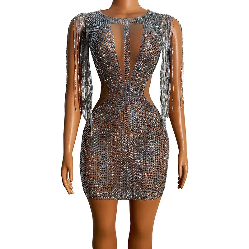 

Silver Diamond Chain Sexy Plus Size Mini Club Dress Luxury Mesh See-Through, Ideal Birthday Gift White Dresses With Rhinestones