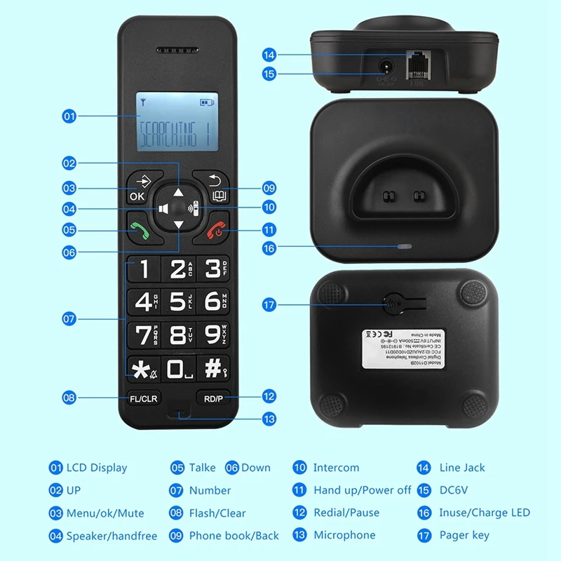M16K-D1102B Cordless Phone With Answering Machine Caller ID/Call Waiting 1.6 Inch Backlight LCD 3 Line Screen EU Plug