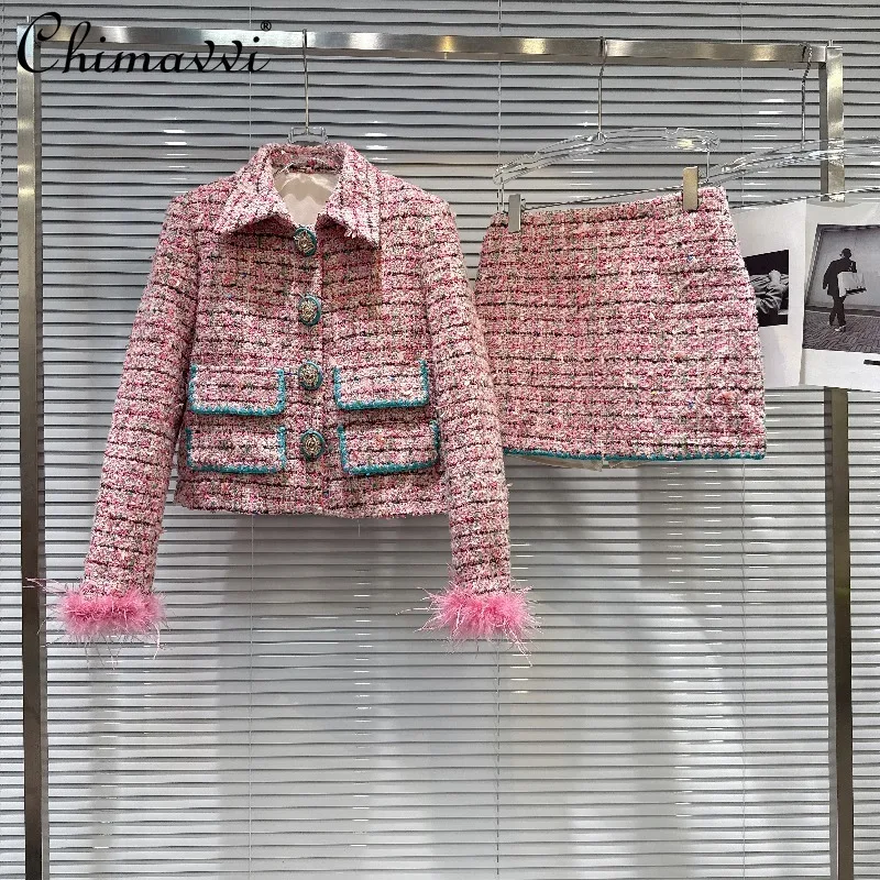 

Осенняя одежда, новая тонкая короткая куртка с рукавами из страусиных перьев + тканая твидовая короткая юбка, элегантные женские комплекты из двух предметов