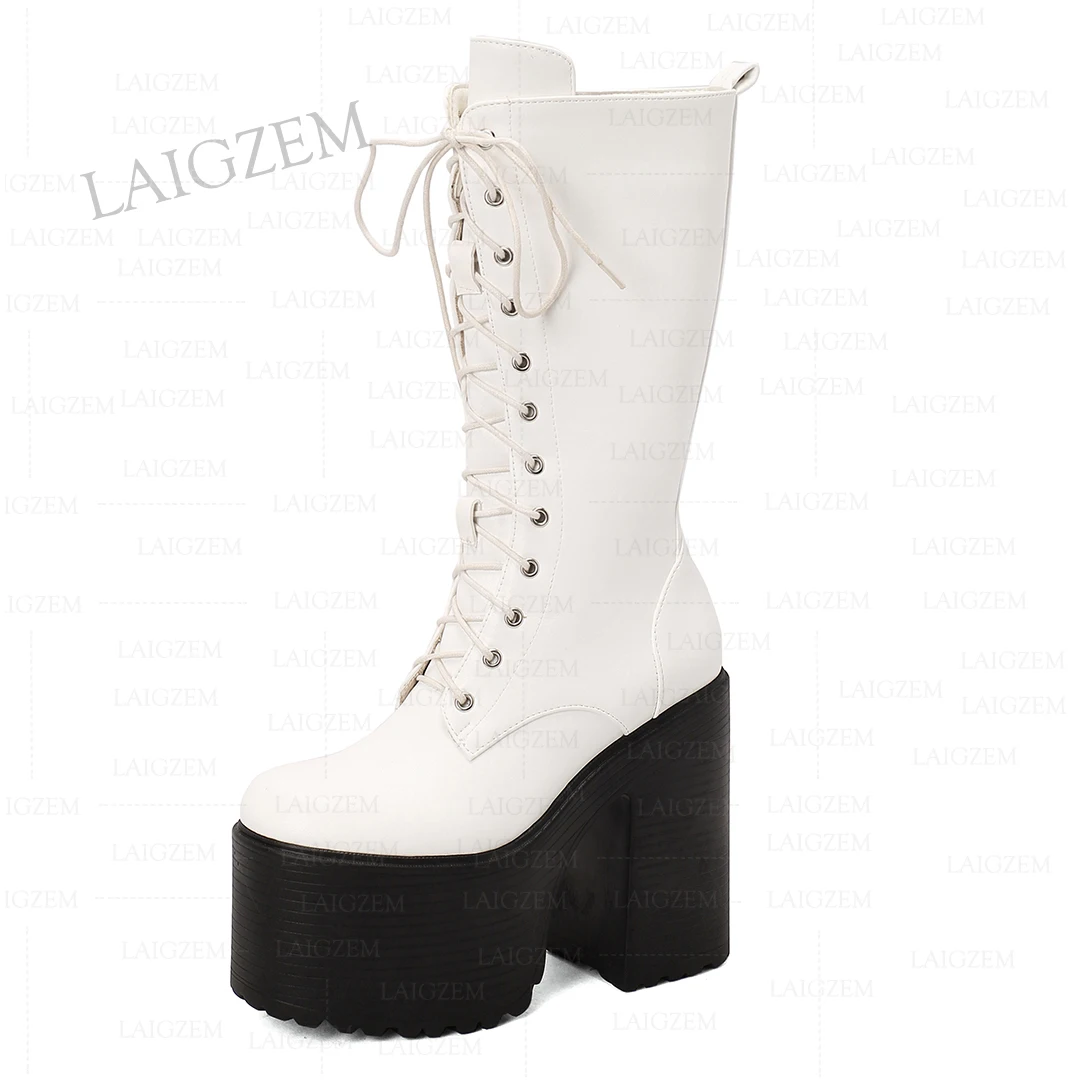 Laigzem-Botas grossas grossas de salto alto para mulheres, botas laterais de zíper, sapatos feitos à mão, tamanho grande, 35, 39, 41, 43, 14cm, plataforma