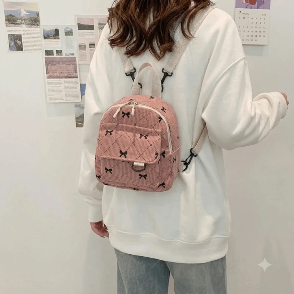 Fashion Corduroy Mini Backpack Lightweight Bowknot Printed Bow Rucksack Multi Layered Korean Style Student School Bag Teen Girls
