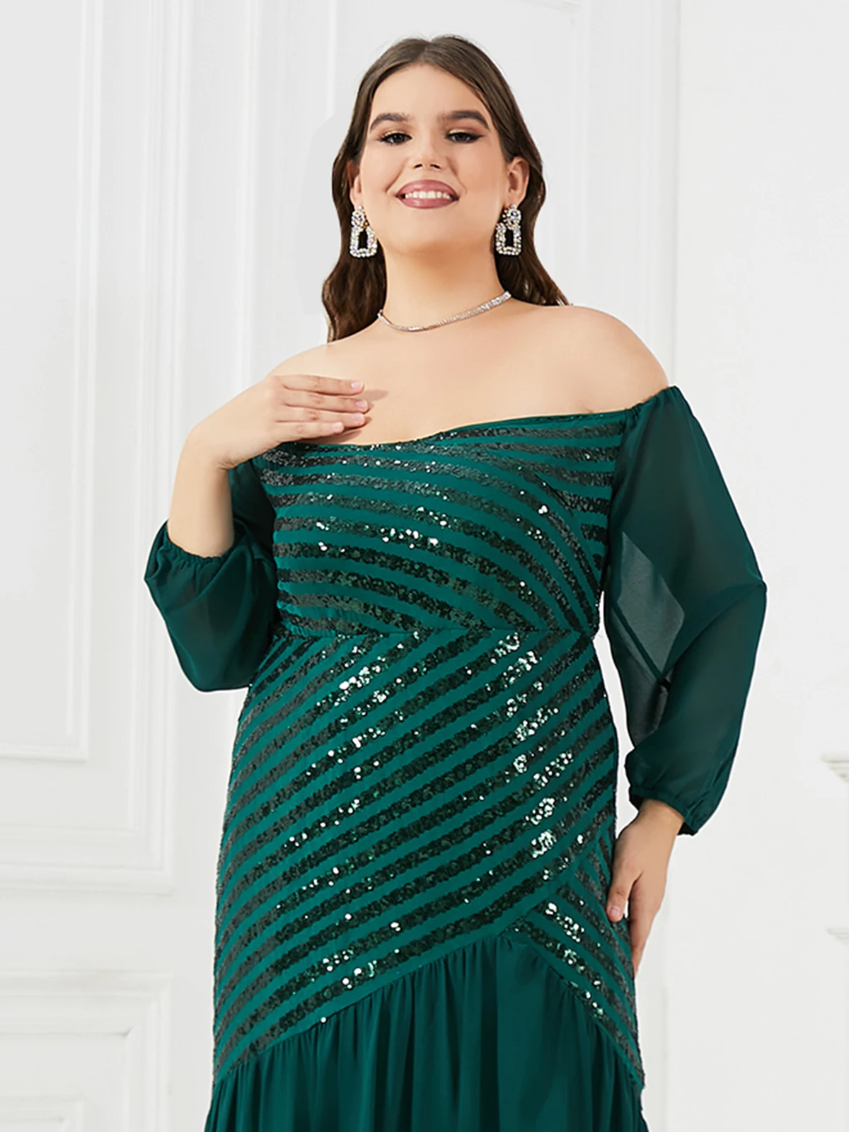 Women Plus Size Evening Dresses Strapless Sequins Splicing Party Dresses 2023 New Sexy Green Wedding Dress Large Size Female