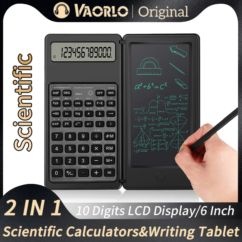 Calculatrices scientifiques pliables 2 en 1, écran LCD à 10 chiffres, tablette d'écriture de 6 pouces, support stylet, bouton de verrouillage effaçable