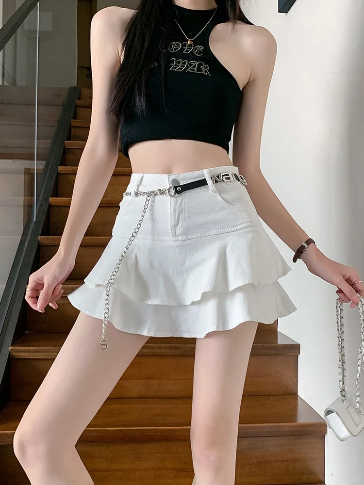 

2024 Summer Woman New Fashion Sexy Gentle Streetwear Preppy Style Ruffle Edge High Waist Denim Mini Skirt