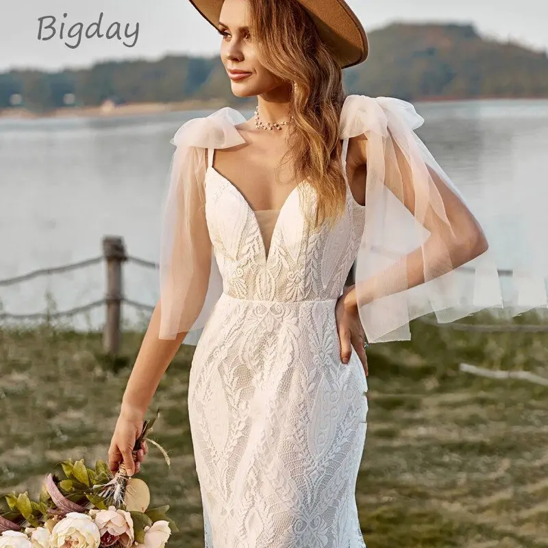 Vestido De Novia De sirena bohemio para mujer, escote Corazón, espalda abierta, encaje, tirantes finos, tren De barrido, blanco