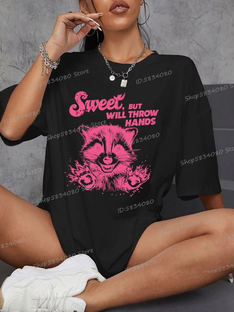 Sweet But Will Throw Hands Vintage Oversized T Shirt Funny Raccoon Sarcastic Graphic T Shirts Women Raccoon Humor Funny Top Tee