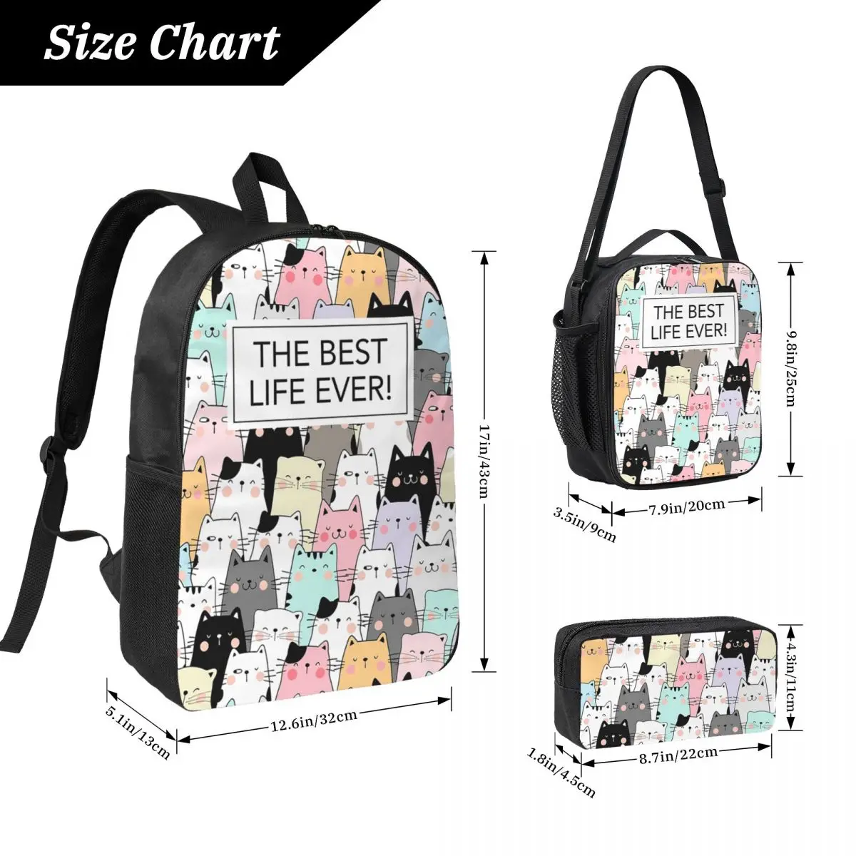 Cute Colorful Kitten Cat Cartoon Backpack Student BookBag School Bag Laptop Shoulder Bags 3ps Insulated Lunch Bag Pencil Case