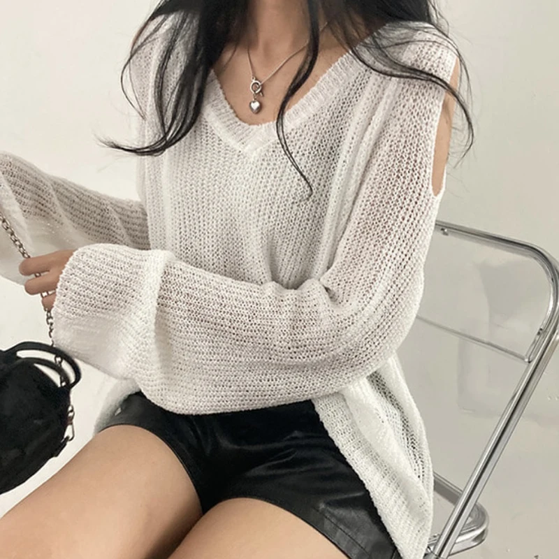 HELIAR Women Hollow Out Off Shoulder Sweater V-Neck Long Sleeve Loose Thin Jumpers Knit Streetwear Top Women 2024 Autumn Winter