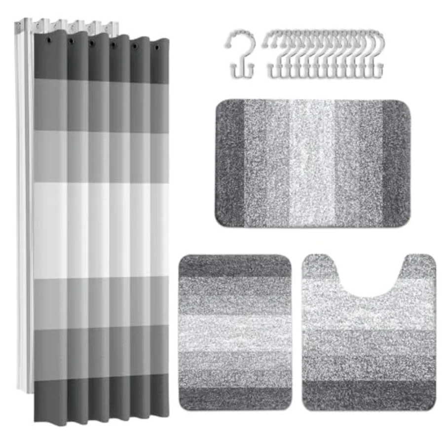 

Bathroom Sets with Shower Curtain and Rugs, Ombre Modern Minimalist Striped Waterproof Shower Curtain Liner and Soft Non Slip B