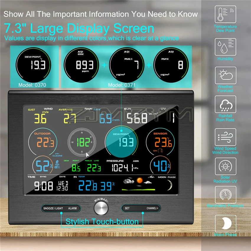 0371 Stacja pogodowa 7 w 1 Zewnętrzny czujnik ostrzegawczy Detektor kryty Monitor CO2 AQI PM2.5 PM10 ze zdalnym monitorowaniem WiFi