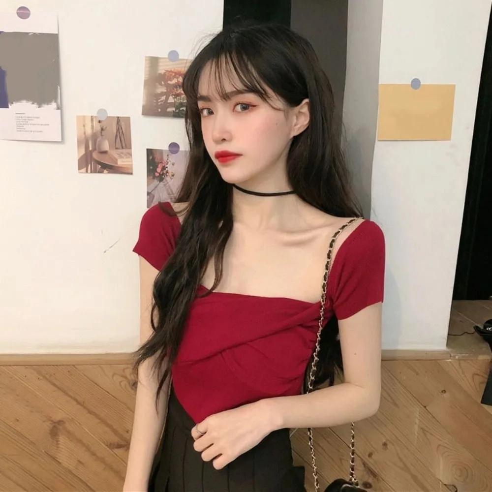 عبر طوق قبالة الكتف المحاصيل القمم بلون الملابس النسائية تي شيرتات قصيرة الاكمام قاع قميص سليم تي شيرت النساء الطرف #2