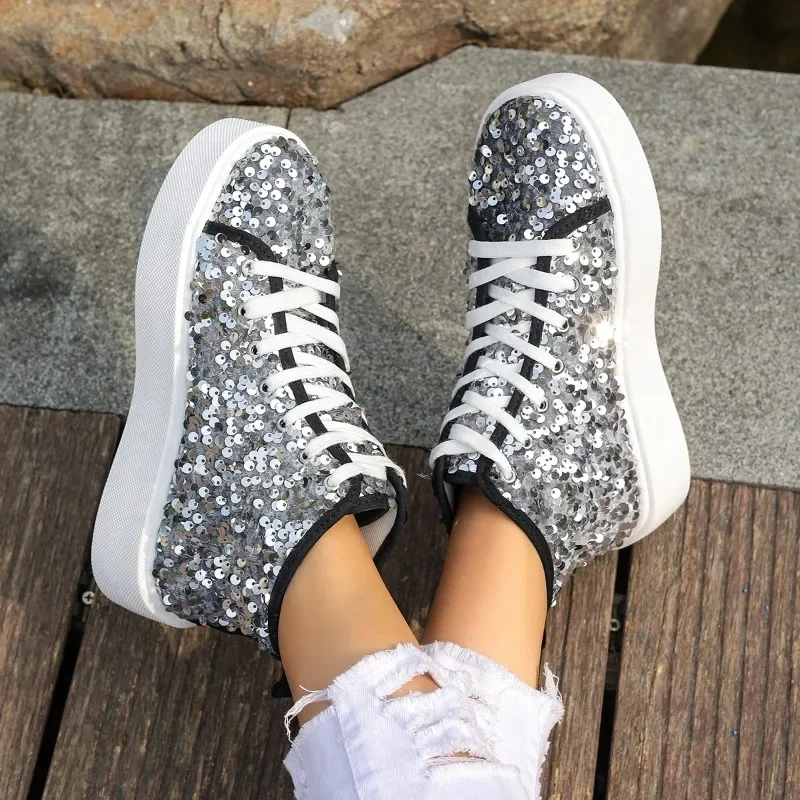 Scarpe da donna 2024 Lace Up scarpe vulcanizzate da donna Outdoor Sneakers da donna Bling punta tonda Platform Lace Up scarpe Casual da donna