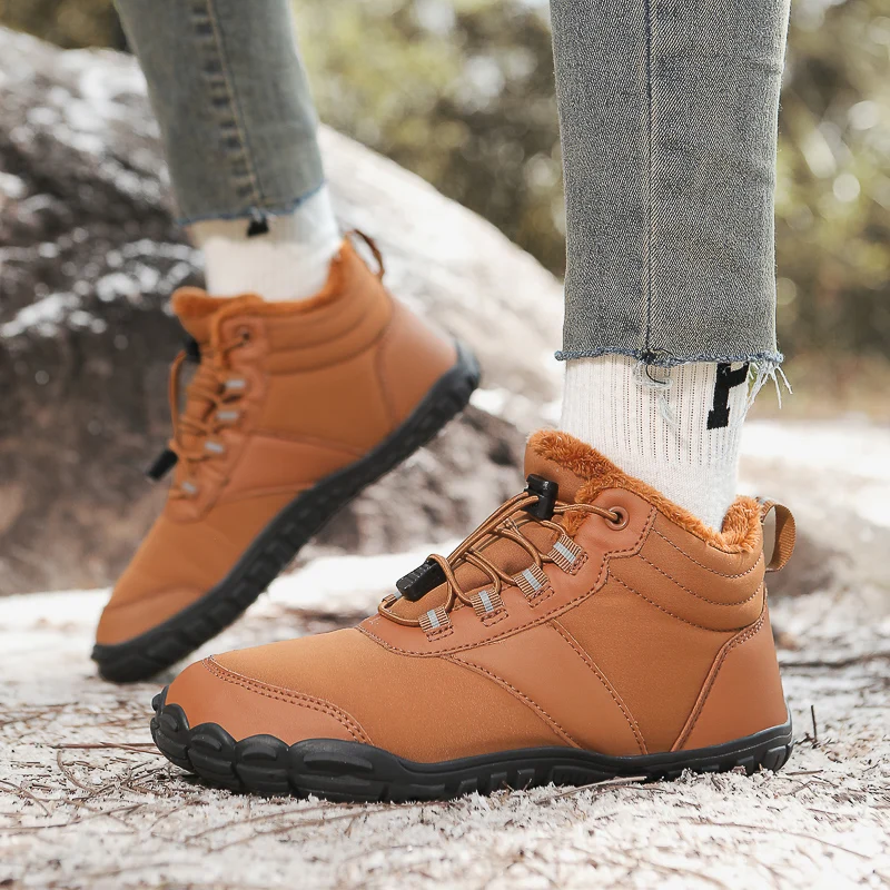 Women Men Barefoot Winter Snow Boots Wide Toe Box Warm Fleece Lined Ankle Boots Non‑Slip Outdoor Hiking Walking Shoes