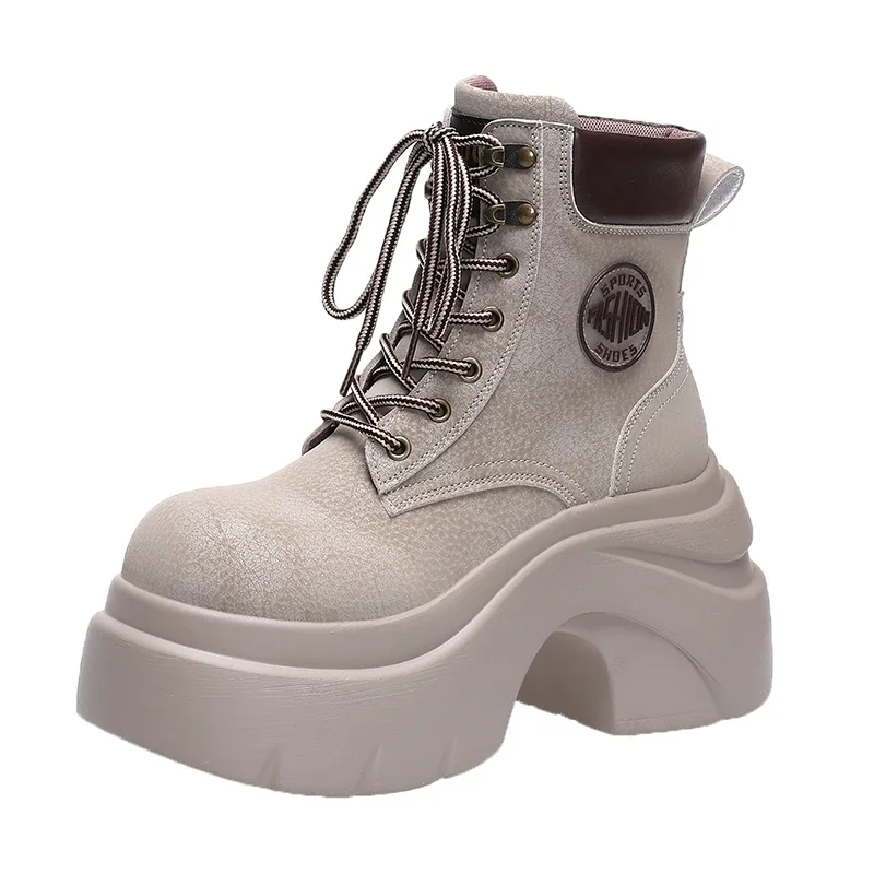 

8cm Platform Women's Boots Fashion Designer Canvas Chunky Motorcycle Boots Comfort High Top Mid-Calf Boots for Women Botas Mujer