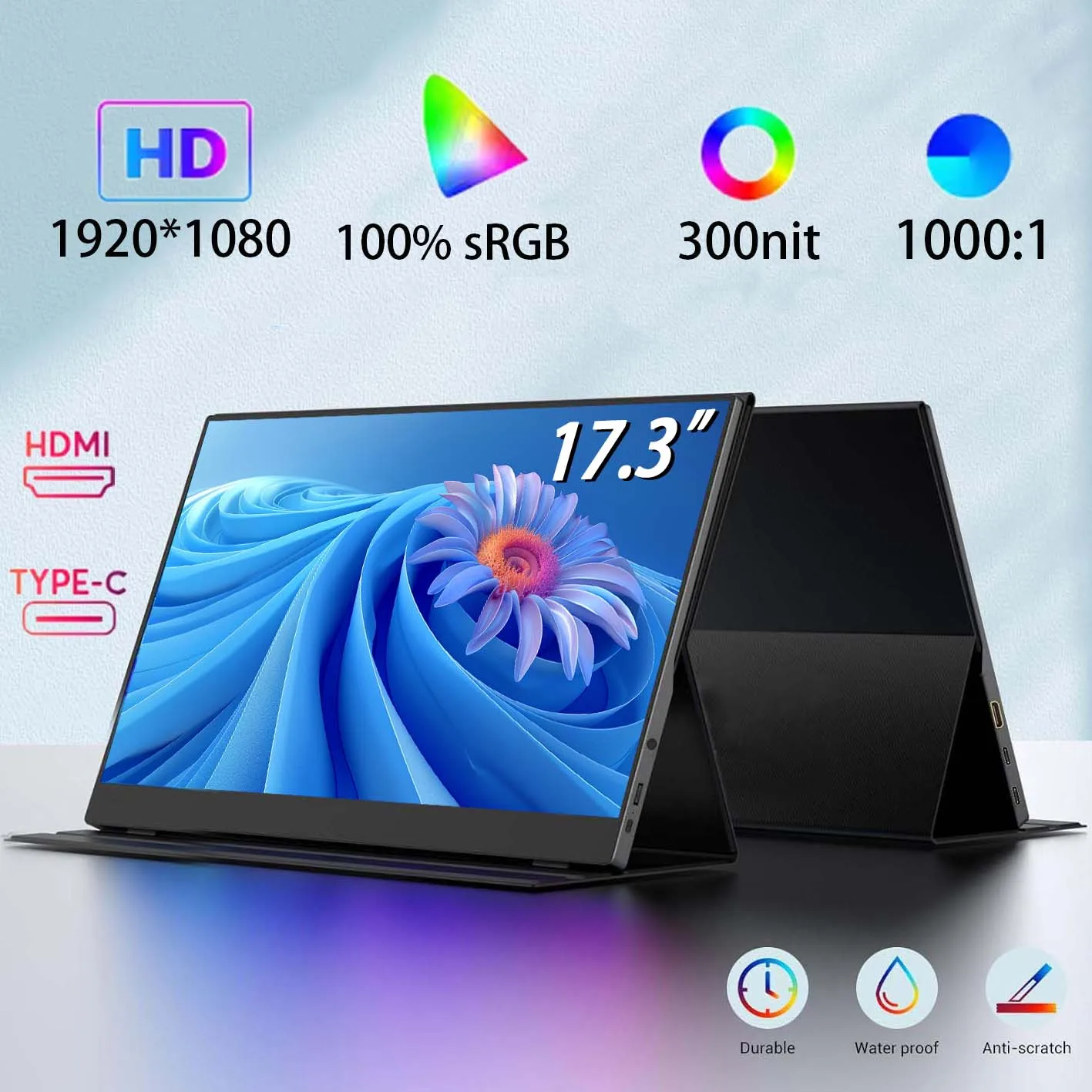 

17.3" Portable Monitor 1080P FHD Narrow Edge Laptop Monitor USB C HDMI Gaming Computer IPS HDR Screen Travel Monitor for PS4/5