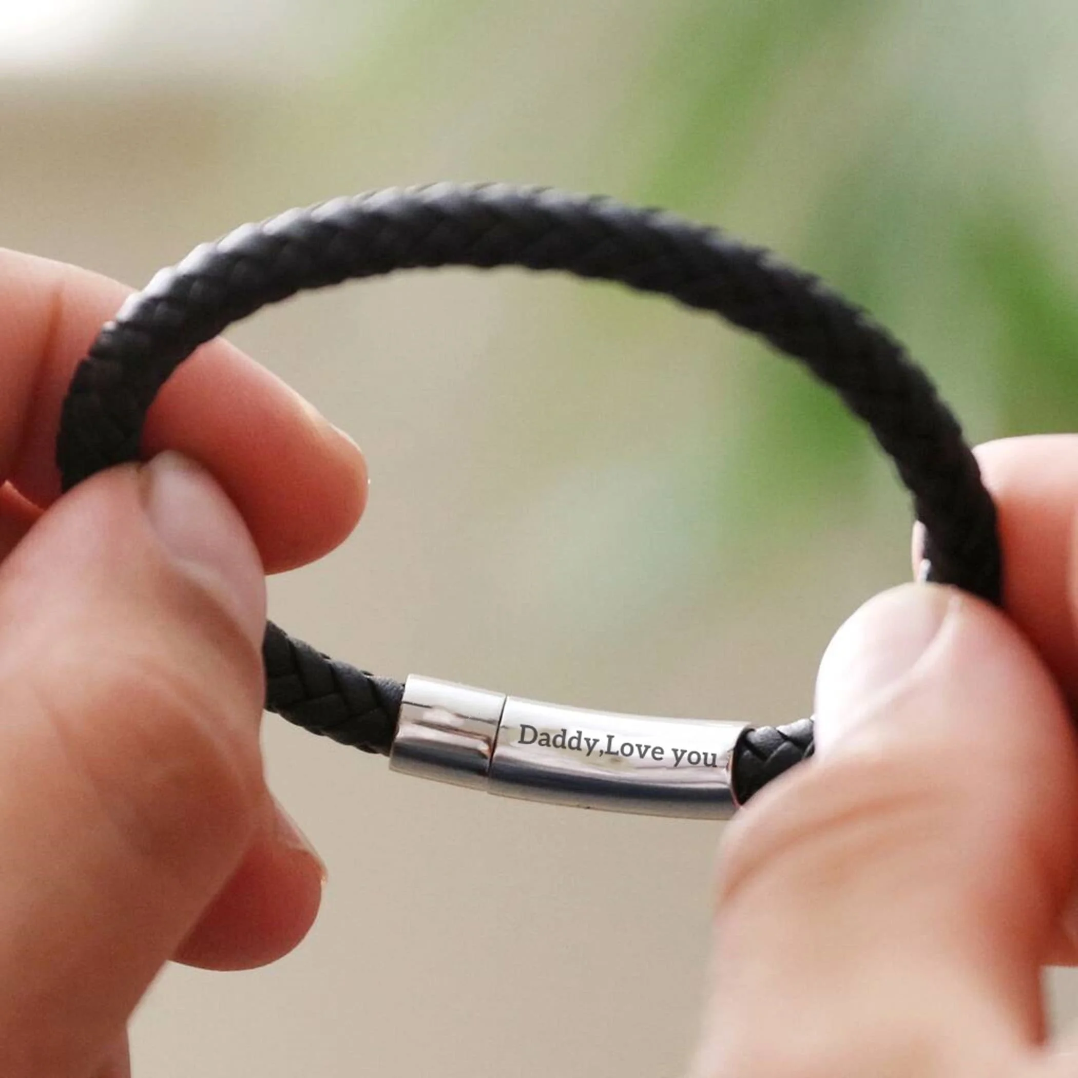 

Father's Day Bracelet Men's Personalised Polished Leather Bracelet Gift for Him Jewellery Engraved Date Gift Hidden Message