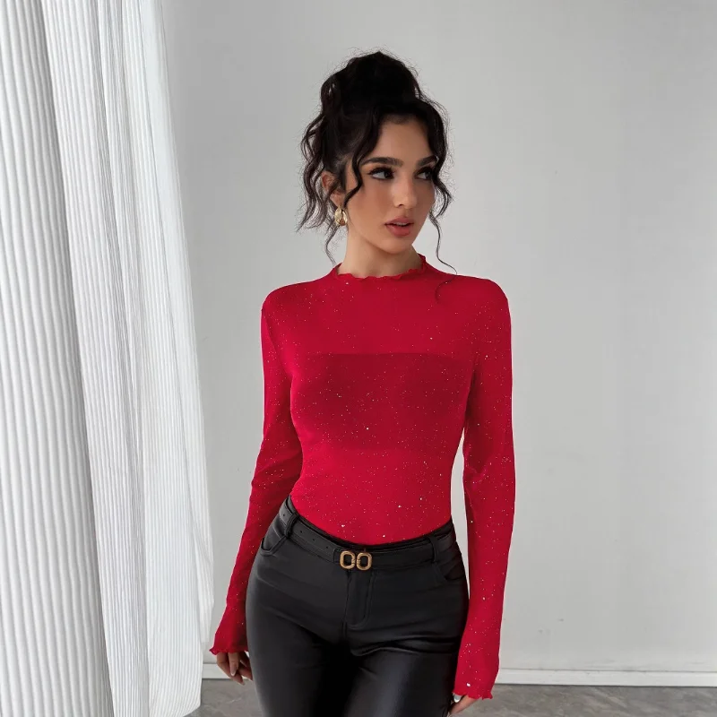 

2025 Early Autumn New Sequin Top for Women Slim Long Sleeves Shiny Bling Thin Commuting Top