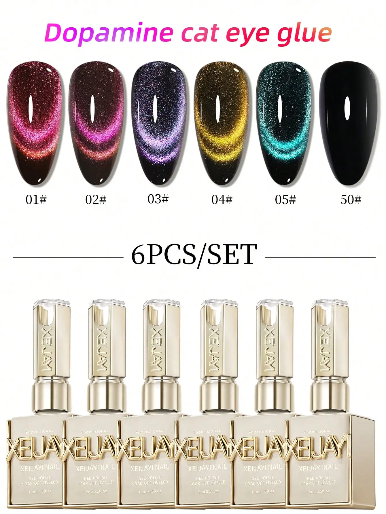 

XEIJAYI 15ml Cat's Eye Gel Nail Polish Set, 5Colors Cat Eye And Black Nail Gel Quality DlY Nail