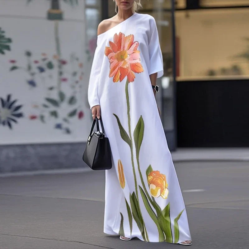 เดรสยาวพิมพ์ลายดอกไม้สำหรับผู้หญิง ฤดูร้อน 2026 ชุดเดรสออกงานฤดูใบไม้ผลิ ทรงไม่สมมาตร ไหล่เดียว สีขาว เรียบหรู สไตล์ลำลองสำหรับผู้หญิง