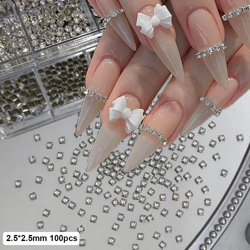 100pcs 3D Mini Transparent Crystal Nail Rhinestones Square/rectangle/trapezoid/ellipse Shape Nail Gems Charms DIY Winter Decor