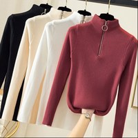 Knitted Women Zipper Half High Neck Sweater Pullovers Autumn Winter Basic Women Sweaters Slim Solid Knitwear Pull Femme Tops