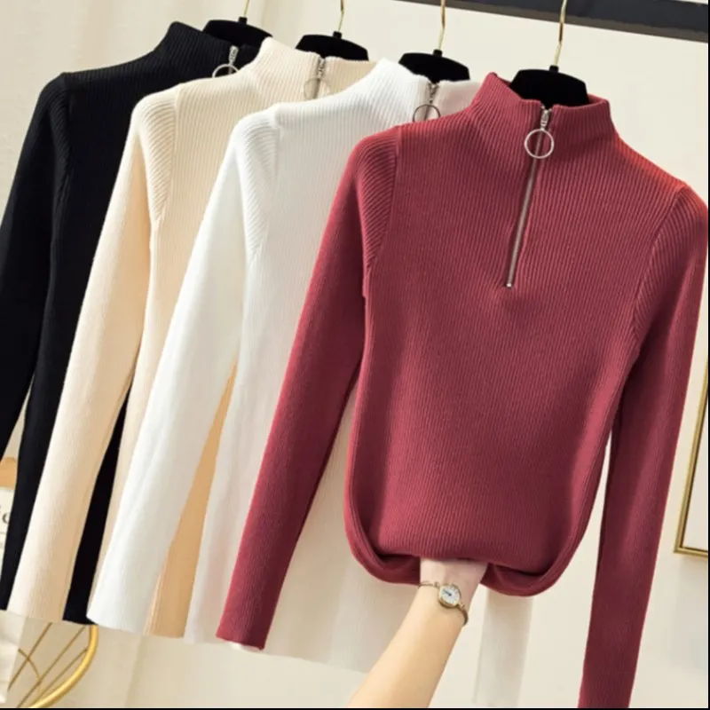 Dzianinowy damski sweter z zamkiem błyskawicznym na pół zabudowany pod szyją swetry jesienno-zimowy podstawowy sweter damski Slim solidna dzianina Pull Femme topy