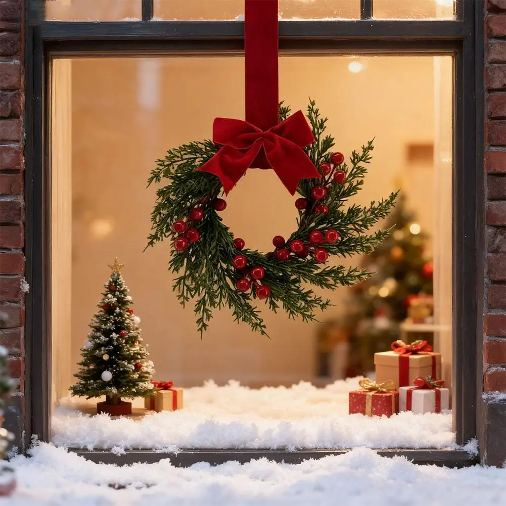 Künstlicher Weihnachtskranz, 25,4 cm, Wintergrüner Kranz, Haustür, Urlaub, Veranda, Wanddekoration mit roten Beeren und Samtschleife – Detail 11