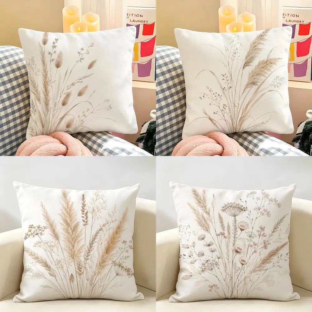 Boho Neutral Pressed Wildflower Cushion Cover Natural Linen Fabric Double-Sided Printing Breathable Perfect For Home Decor
