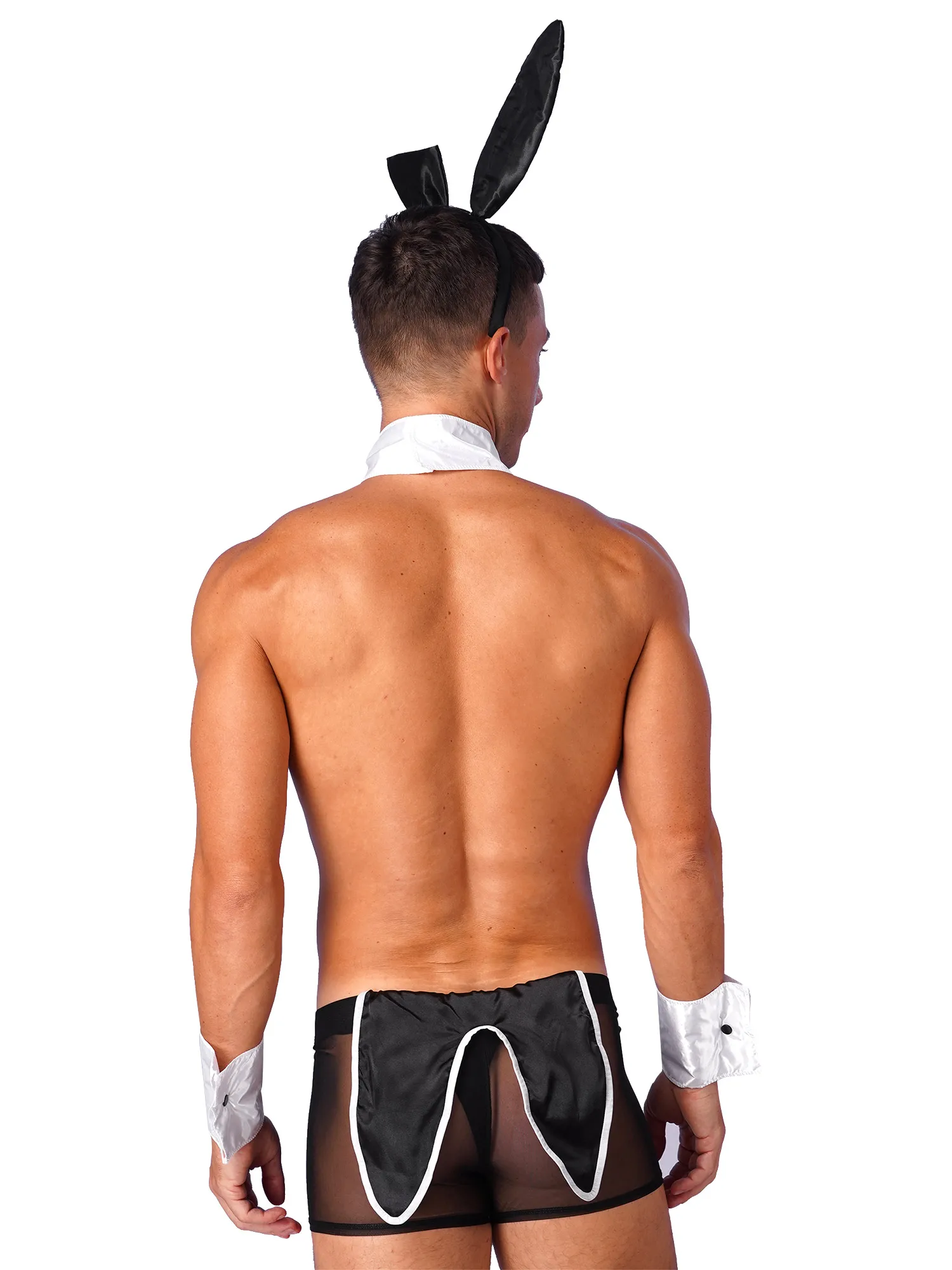 Mens Lingerie Set See Through Rabbit Ears Boxer Briefs Naughty Underwear with Headband Carnival Halloween Bunny Cosplay Costume