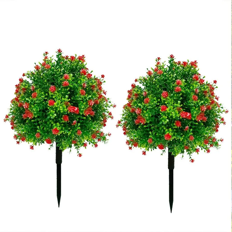 

1-2pcs Artificial Boxwood Ball Tree With Red Flowers For Outdoor With Ground Spikes, UV Resistant Artificial Shrubs, Fake Plants