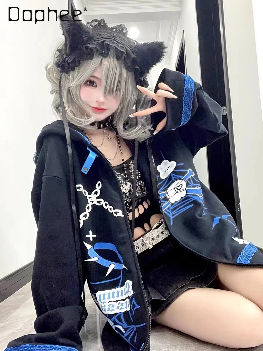 Punk Y2k Print Hoodies Women's Harajuku Bandage Rabbit Ear Hooded Zipper Loose Sweatshirts 2025 New Fashion Black Coats