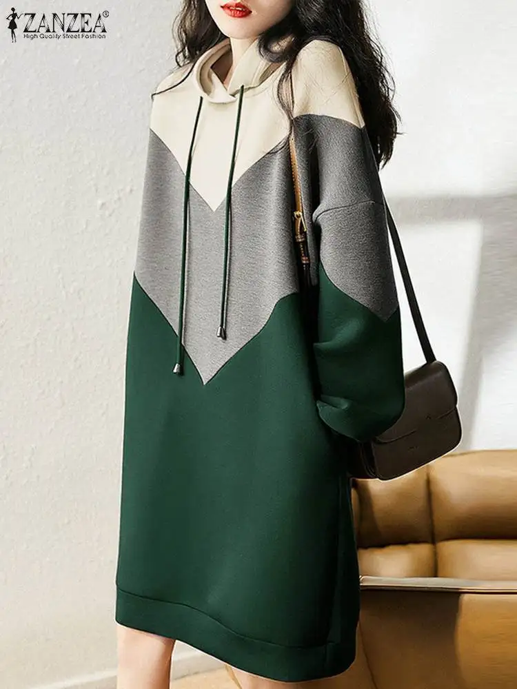 ZANZEA Mode Frauen Hoodies Langarm Sommerkleid Casual Patchwork Knie-länge Vestido Lose Pullover Herbst Sweatshirt Kleid